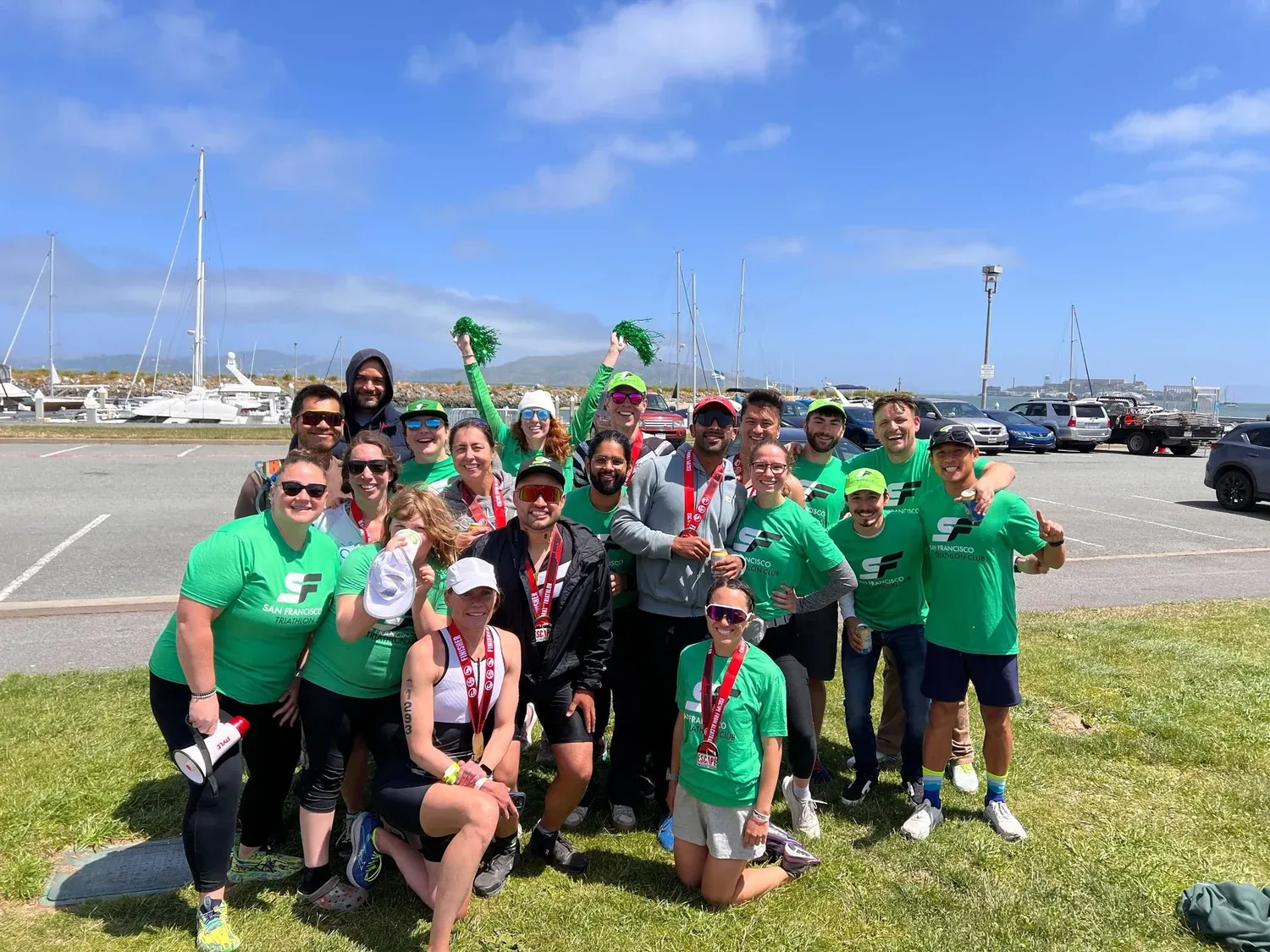 Jordan and the SF Tri Cheers Squad celebrating the Escape from Alcatraz finishers